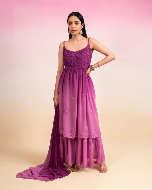 LVW Fashions Tulip Tunic in premium georgette with intricate Lucknow Chikankari embroidery and adjustable straps.
