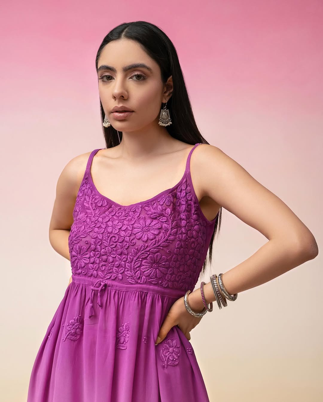 Handmade Tulip Tunic by LVW Fashions featuring premium georgette fabric with intricate Lucknow Chikankari embroidery and adjustable straps.