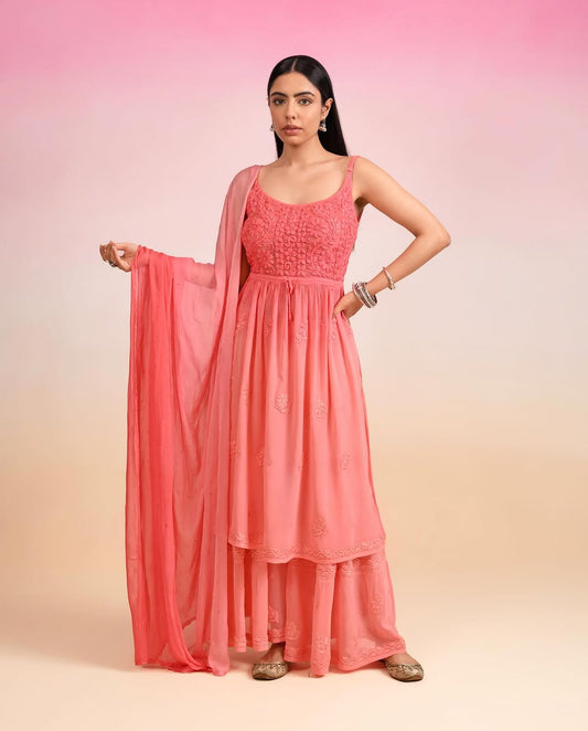 LVW Fashions Tulip Tunic in premium georgette with intricate Lucknow chikankari embroidery and adjustable straps.