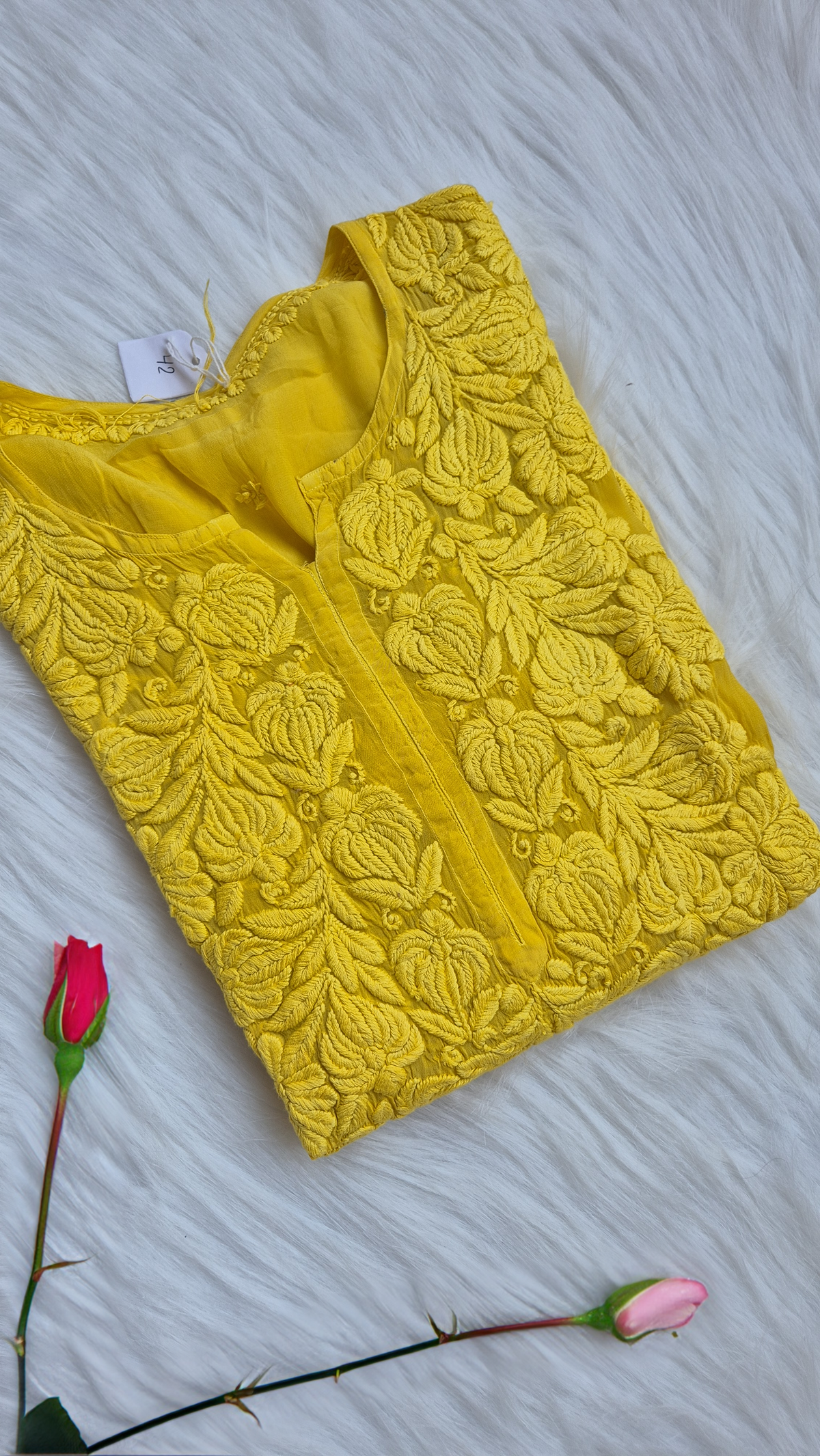 Turmeric yellow premium silk long kurta with intricate Chikankari embroidery by LVW Fashions, handmade Lucknow Chikankari design.