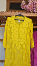 Turmeric yellow premium silk long kurta with intricate handmade Lucknow chikankari embroidery by LVW Fashions