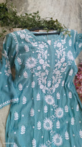 Turquoise sunflower silk Chikankari kurta by LVW Fashions, handmade Lucknow Chikankari with luxurious look and intricate embroidery.