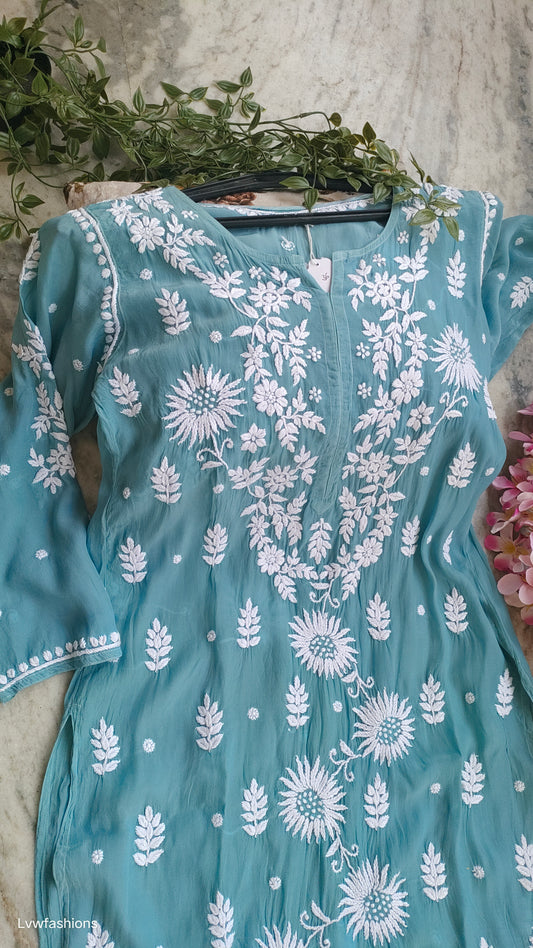 Turquoise sunflower silk Chikankari kurta by LVW Fashions, handmade Lucknow Chikankari with luxurious look and intricate embroidery.