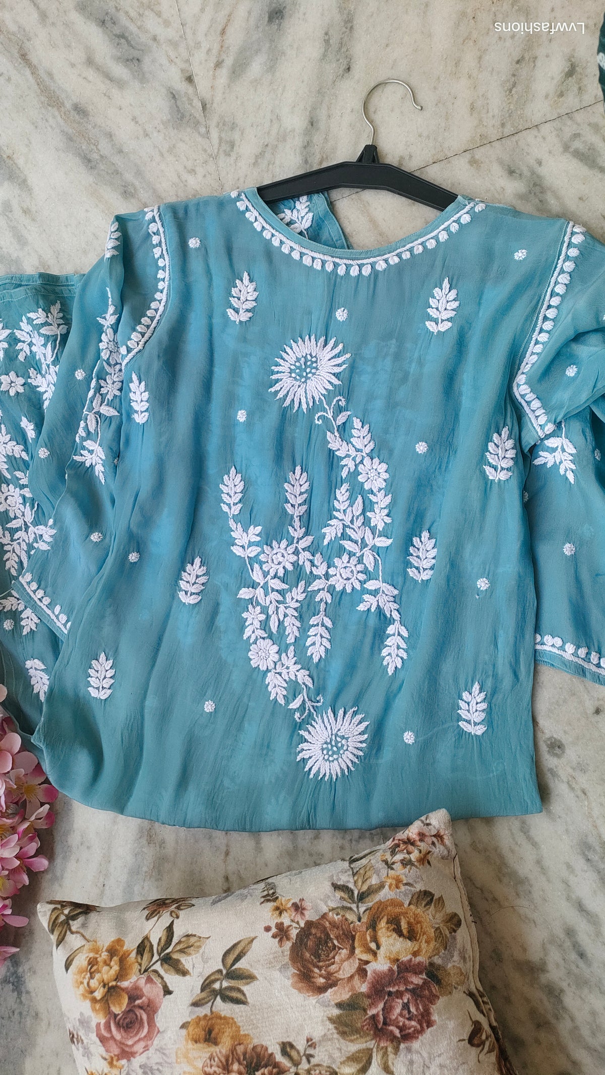 Turquoise sunflower silk chikankari kurta by LVW Fashions featuring intricate handmade Lucknow chikankari embroidery.