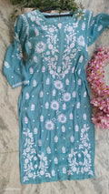 Turquoise sunflower silk Chikankari kurta by LVW Fashions, handmade Lucknow chikankari with a luxurious look and intricate embroidery.