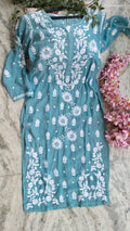 Turquoise sunflower silk Kurta with intricate handmade Chikankari embroidery by LVW Fashions, luxurious look, traditional Lucknow style.