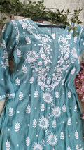 Turquoise sunflower silk Kurta by LVW Fashions featuring intricate handmade Lucknow Chikankari for a luxurious look