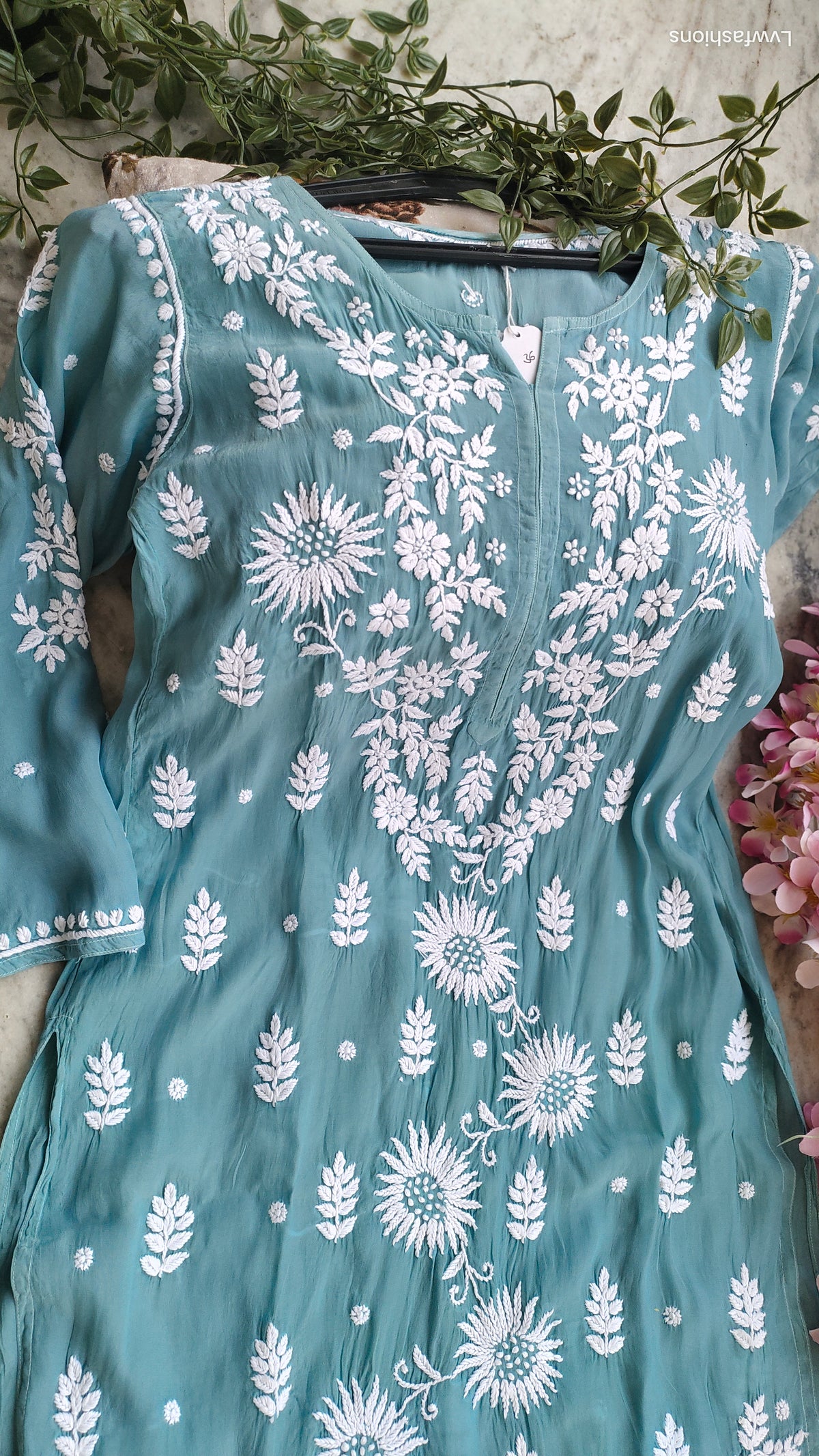 Turquoise sunflower silk Kurta by LVW Fashions featuring intricate handmade Lucknow Chikankari for a luxurious look