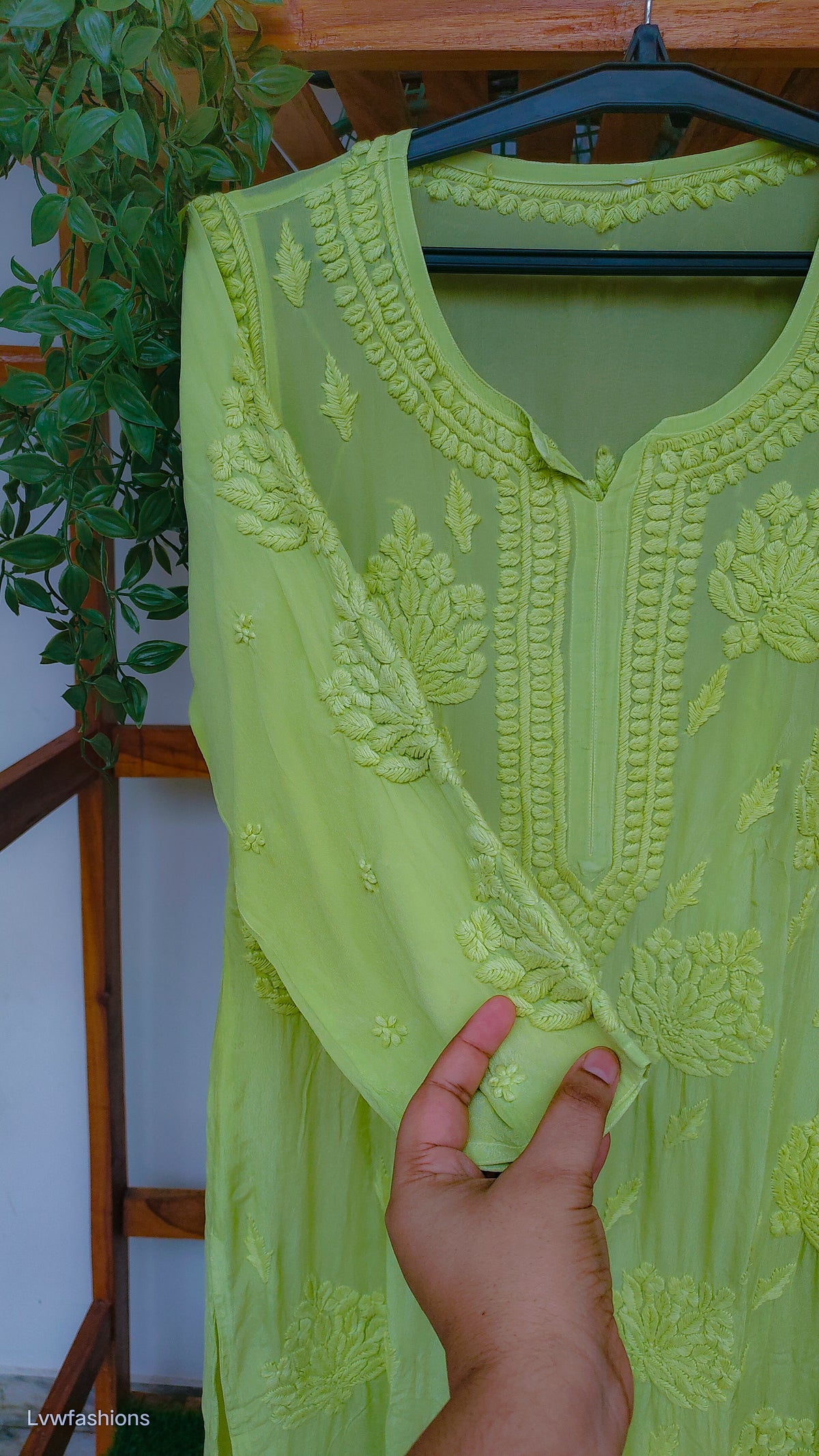 Turtle green premium silk long kurta with intricate handmade Chikankari embroidery by LVW Fashions, traditional Lucknow style.