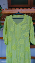 Turtle green premium silk chikankari long kurta by LVW Fashions, handmade in Lucknow with intricate embroidery.