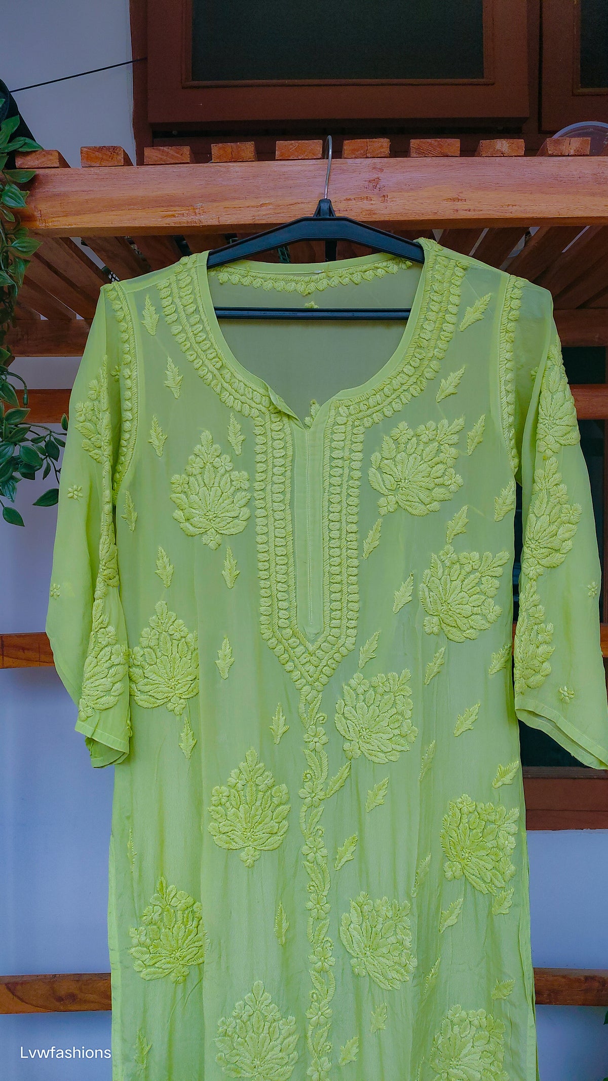 Turtle green premium silk chikankari long kurta by LVW Fashions, handmade in Lucknow with intricate embroidery.