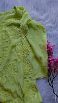 Turtle green silk long kurta with intricate Chikankari embroidery by LVW Fashions, handcrafted Lucknow Chikankari design.