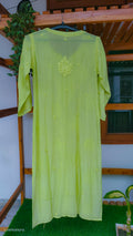 Turtle green premium silk long kurta with intricate handmade Lucknow chikankari embroidery by LVW Fashions.