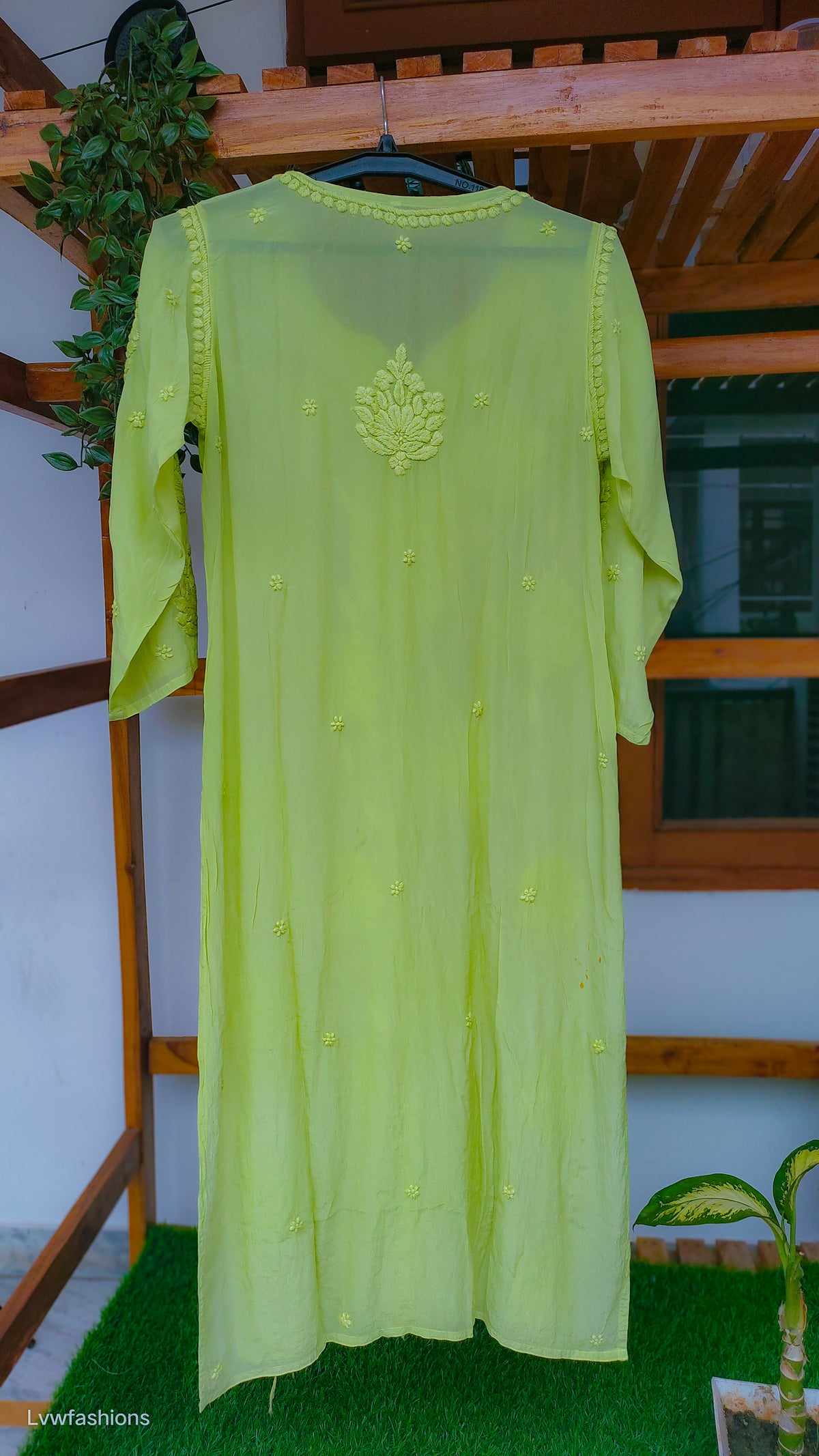 Turtle green premium silk long kurta with intricate handmade Lucknow chikankari embroidery by LVW Fashions.