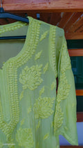 Turtle green premium silk long kurta with intricate handcrafted Lucknow chikankari embroidery by LVW Fashions.
