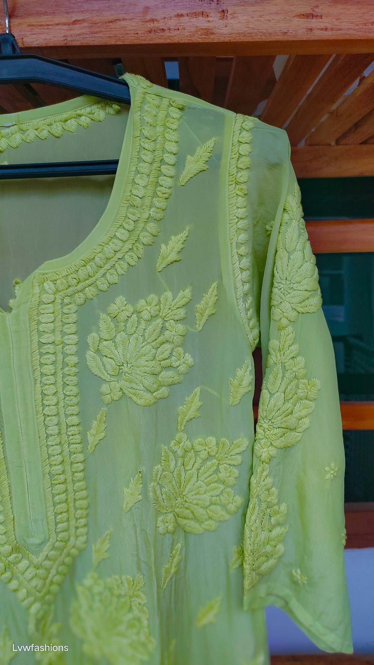 Turtle green premium silk long kurta with intricate handcrafted Lucknow chikankari embroidery by LVW Fashions.