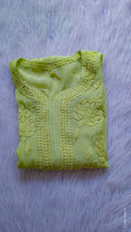 Turtle green premium silk Chikankari long kurta by LVW Fashions featuring intricate handmade Lucknow embroidery.