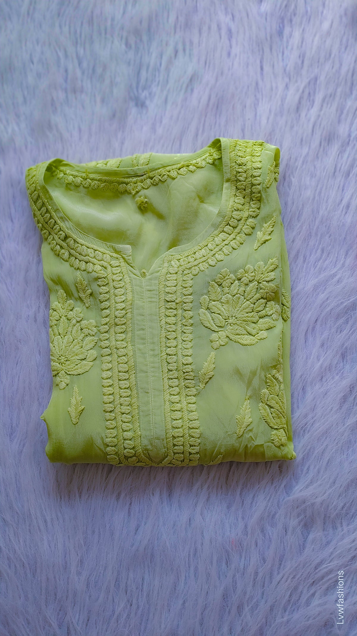 Turtle green premium silk Chikankari long kurta by LVW Fashions featuring intricate handmade Lucknow embroidery.