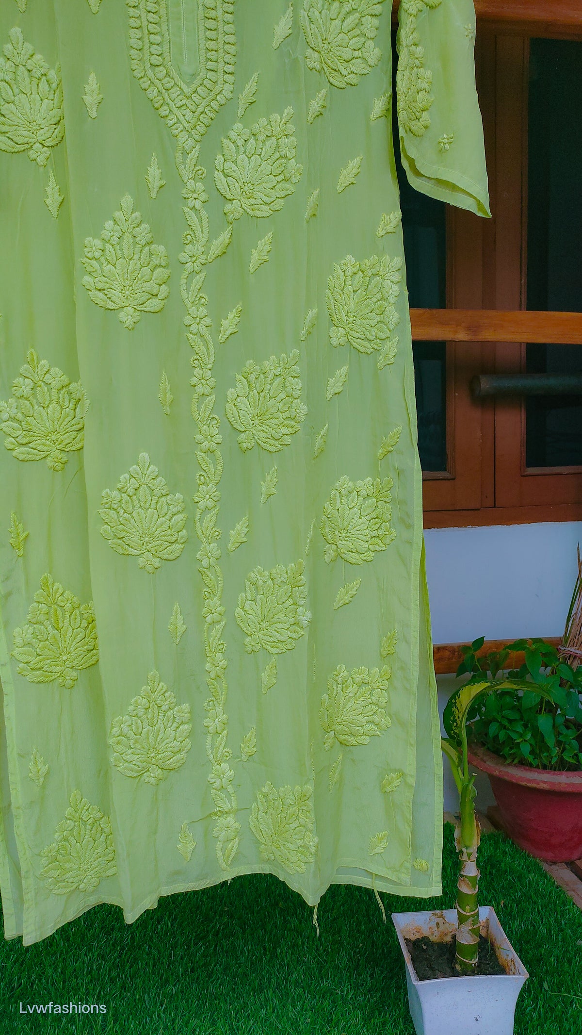 Turtle green premium silk chikankari long kurta by LVW Fashions, featuring intricate handmade Lucknow chikankari embroidery.