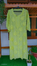 Turtle green premium silk chikankari long kurta by LVW Fashions with intricate handmade Lucknow embroidery.