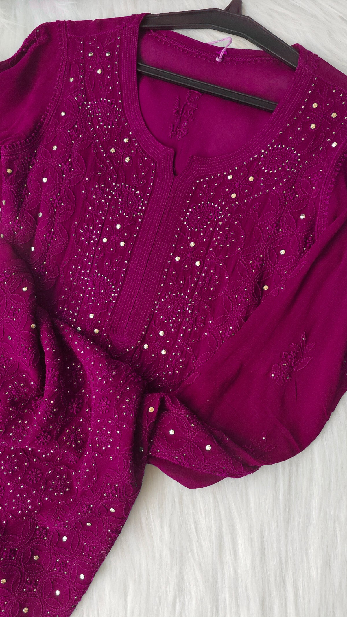 Tyrian premium georgette long kurta with intricate handmade Lucknow chikankari embroidery by LVW Fashions.