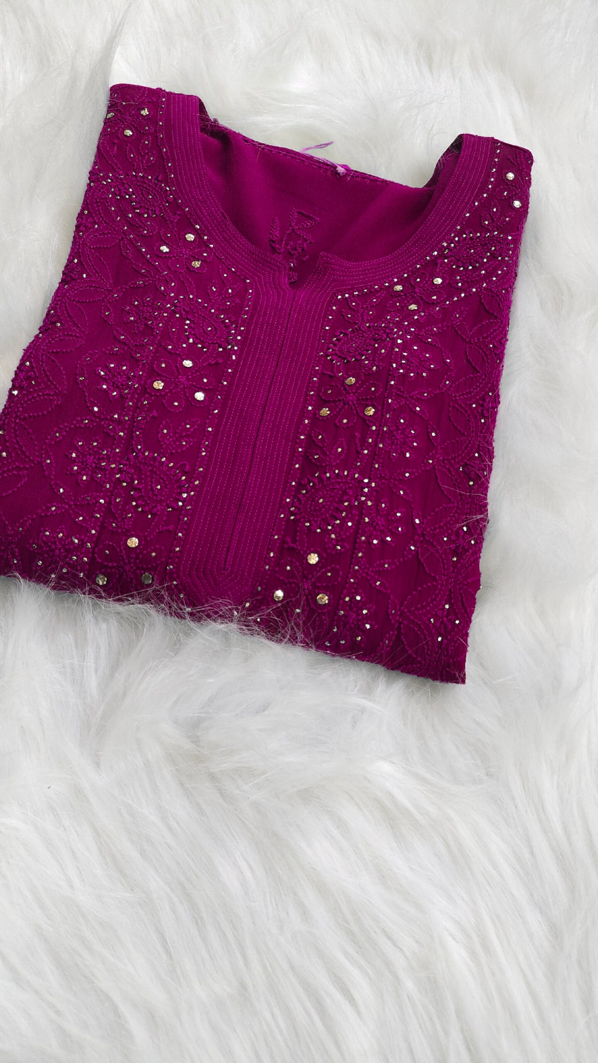 Tyrian luxury long kurta by LVW Fashions in premium georgette with intricate Lucknow chikankari embroidery.