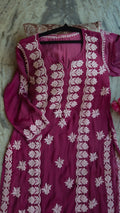 Tyrian premium silk Chikankari long kurti by LVW Fashions with intricate handmade embroidery, traditional Lucknow craftsmanship.