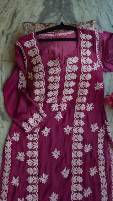Tyrian premium silk Chikankari long kurti by LVW Fashions with intricate handmade embroidery, traditional Lucknow craftsmanship.