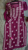Tyrian premium silk long kurti by LVW Fashions with intricate handmade Lucknow chikankari embroidery.