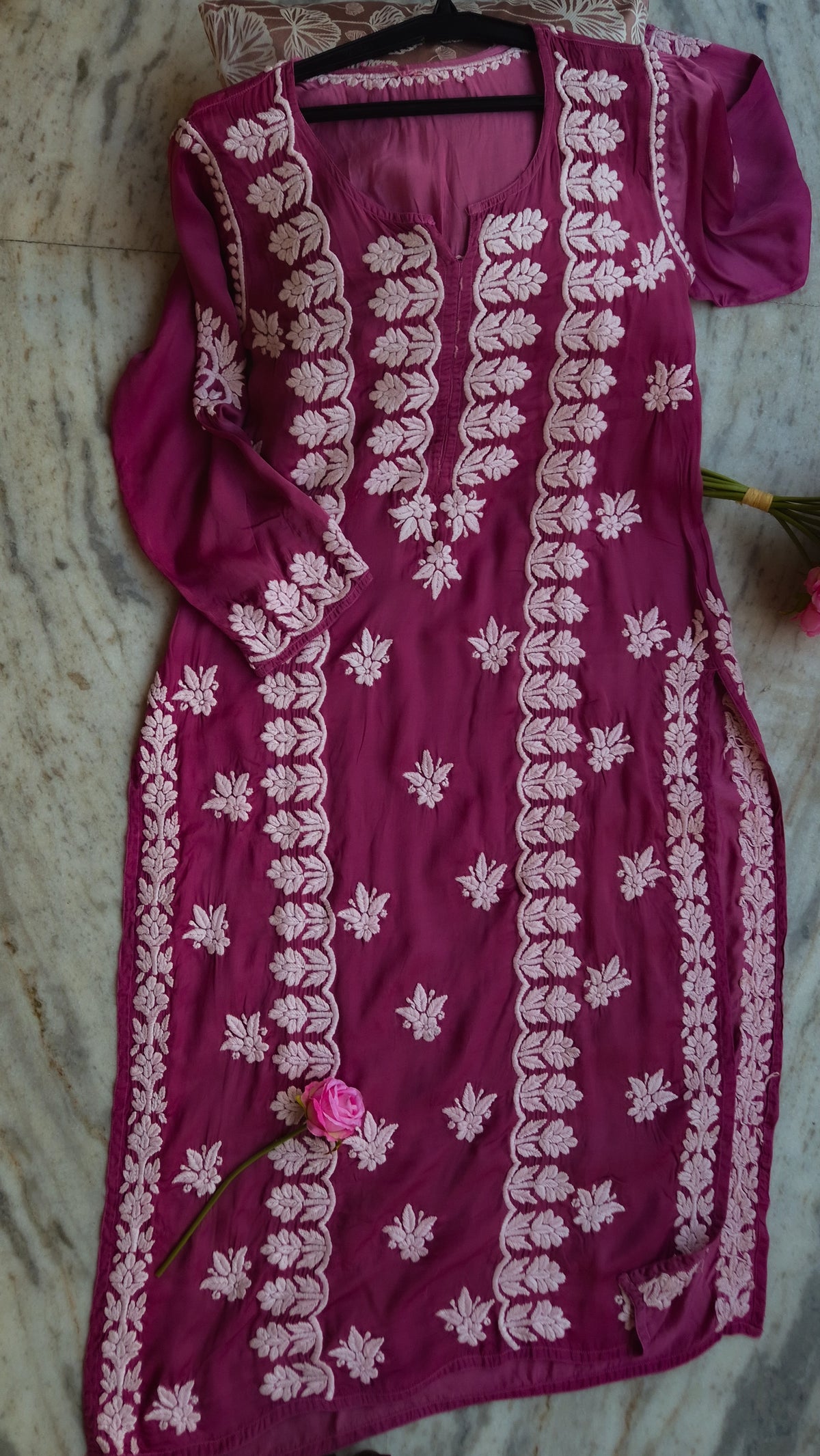 Tyrian premium silk long kurti by LVW Fashions with intricate handmade Lucknow chikankari embroidery.