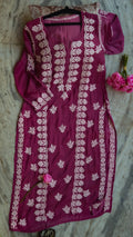 Tyrian premium silk long Kurti with intricate handmade Lucknow Chikankari embroidery by LVW Fashions, showcasing elegant traditional craftsmanship.