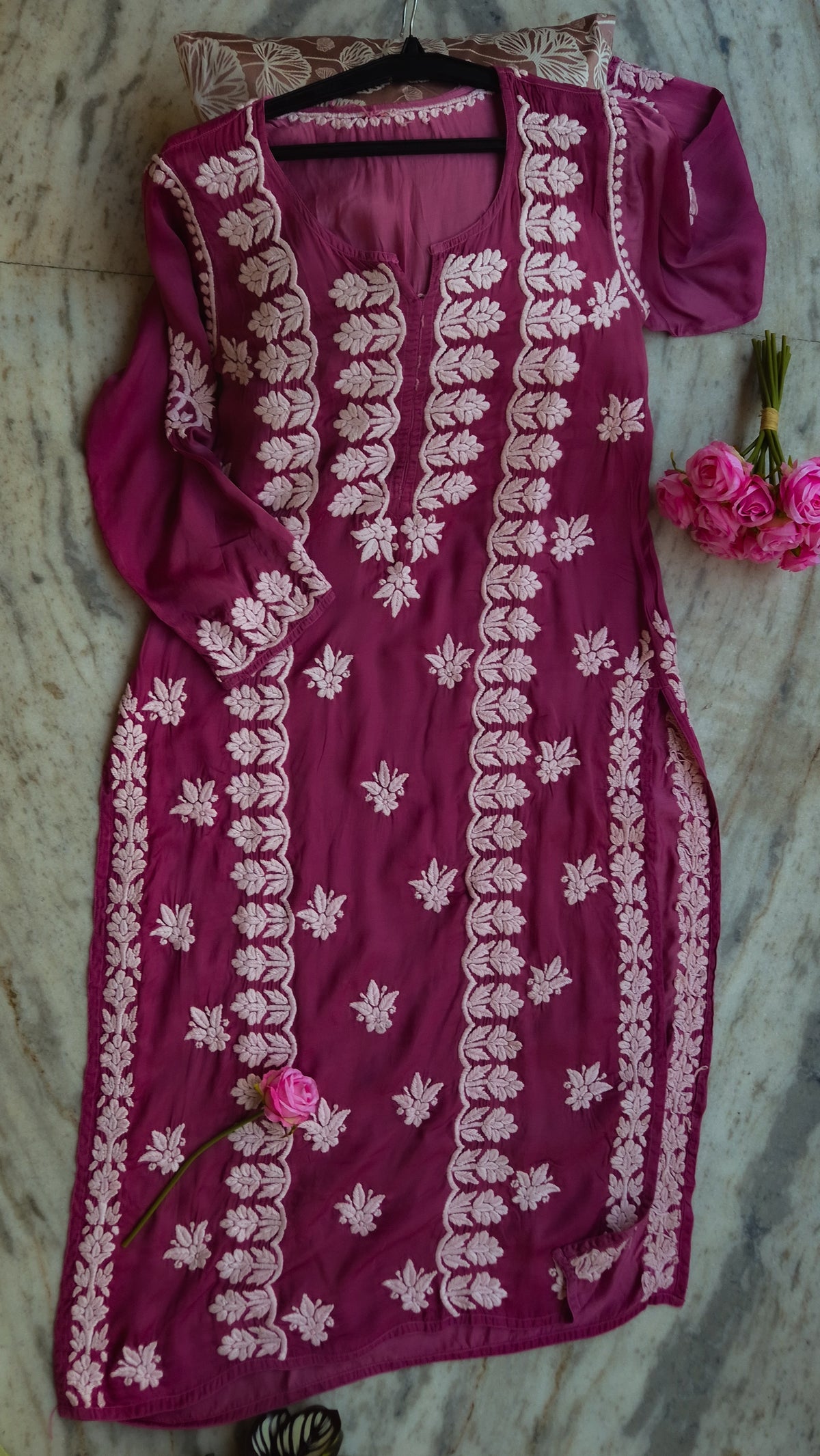 Tyrian premium silk long Kurti with intricate handmade Lucknow Chikankari embroidery by LVW Fashions, showcasing elegant traditional craftsmanship.
