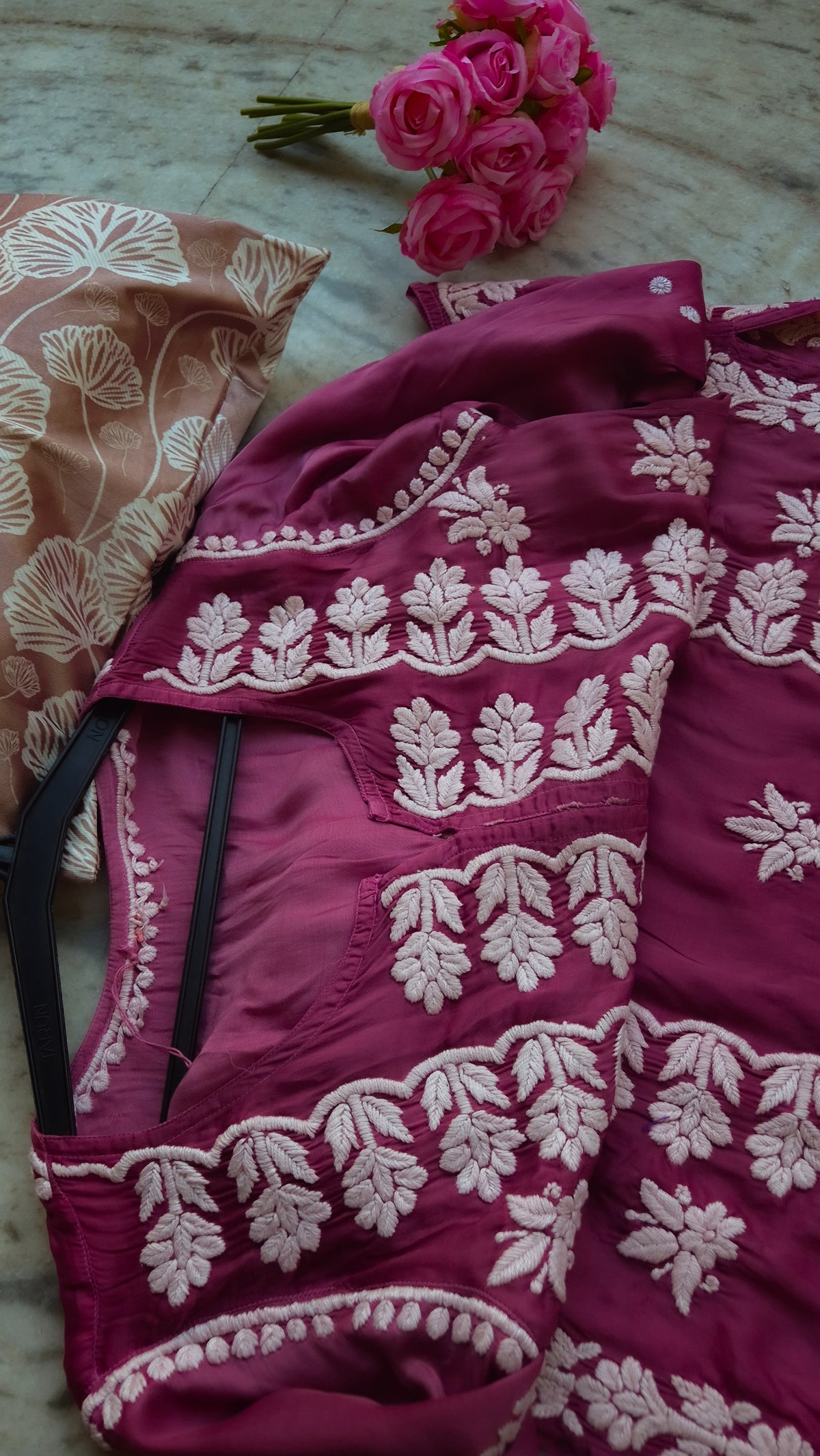 Tyrian premium silk long Kurti by LVW Fashions featuring intricate handmade Lucknow Chikankari embroidery.