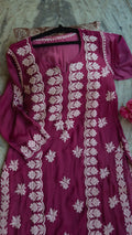 Tyrian premium silk long kurti by LVW Fashions featuring intricate handmade Lucknow chikankari embroidery.