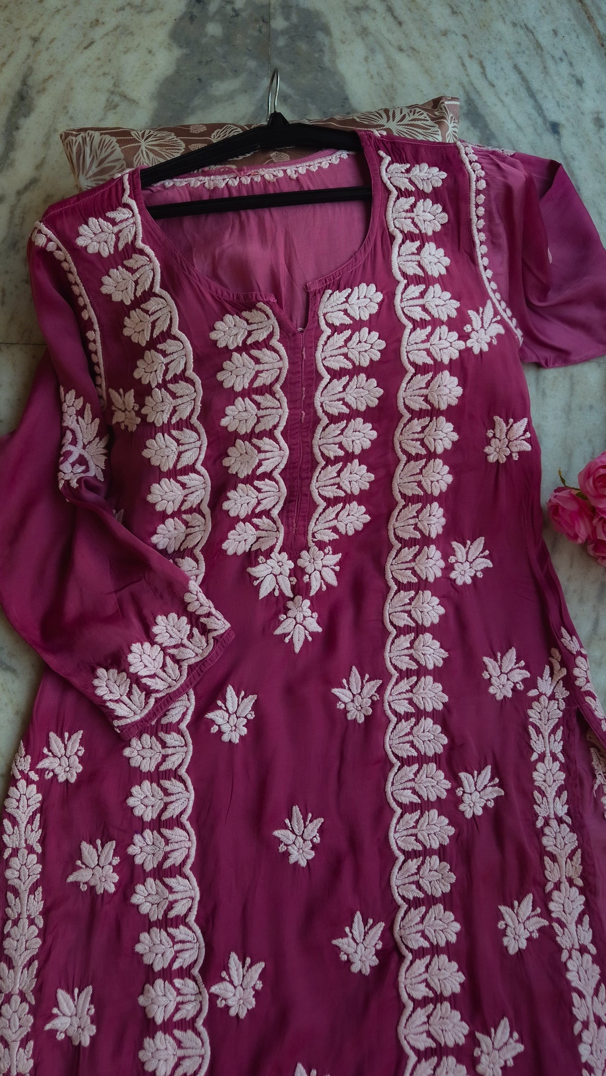 Tyrian premium silk long kurti by LVW Fashions featuring intricate handmade Lucknow chikankari embroidery.