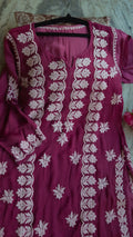 Tyrian premium silk long Kurti with handmade Lucknow chikankari embroidery, showcasing intricate traditional hand-stitched embroidery.