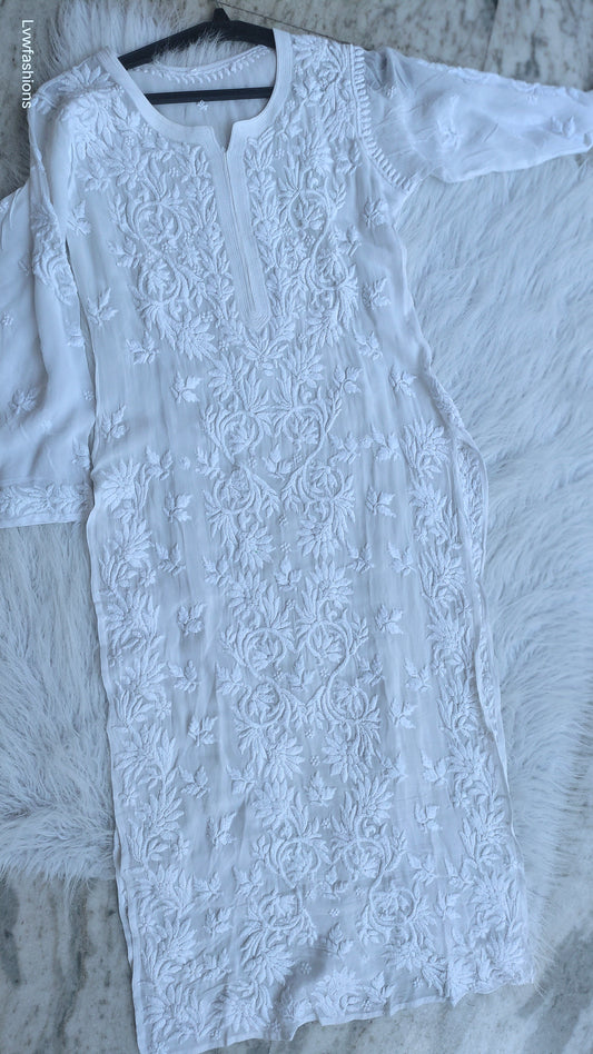 Ujala White premium georgette chikankari kurta by LVW Fashions, handmade Lucknow chikankari with luxurious look and intricate embroidery.