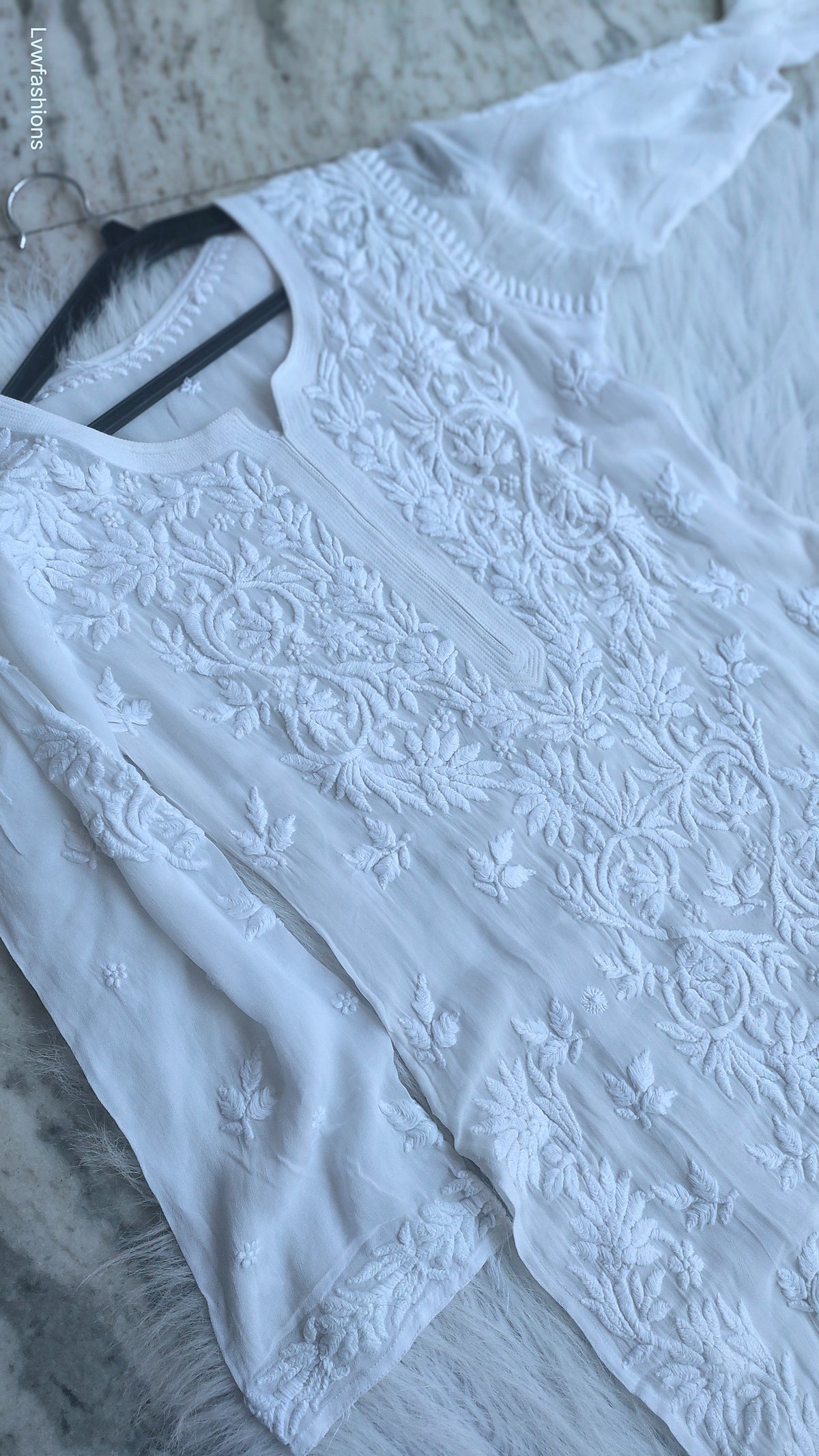 Ujala White Premium Georgette Chikankari Kurta by LVW Fashions, featuring intricate handmade Lucknow Chikankari embroidery.