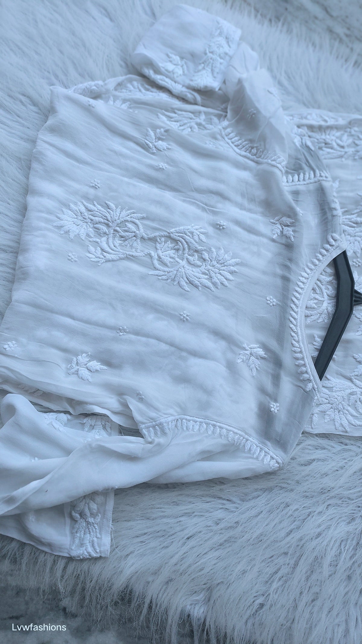 Ujala White Premium Georgette Chikankari Kurta by LVW Fashions featuring intricate handmade Lucknow Chikankari embroidery.