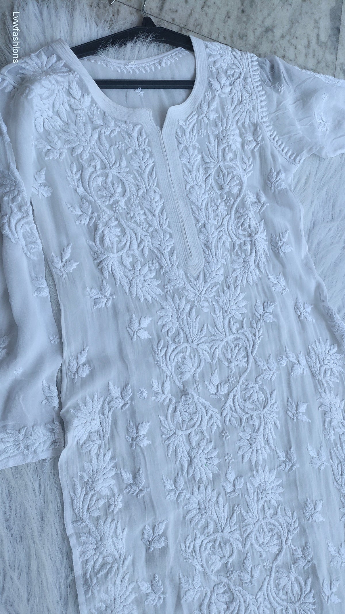 Ujala White Premium Georgette Chikankari Kurta by LVW Fashions with intricate Lucknow-style embroidery and luxurious look.