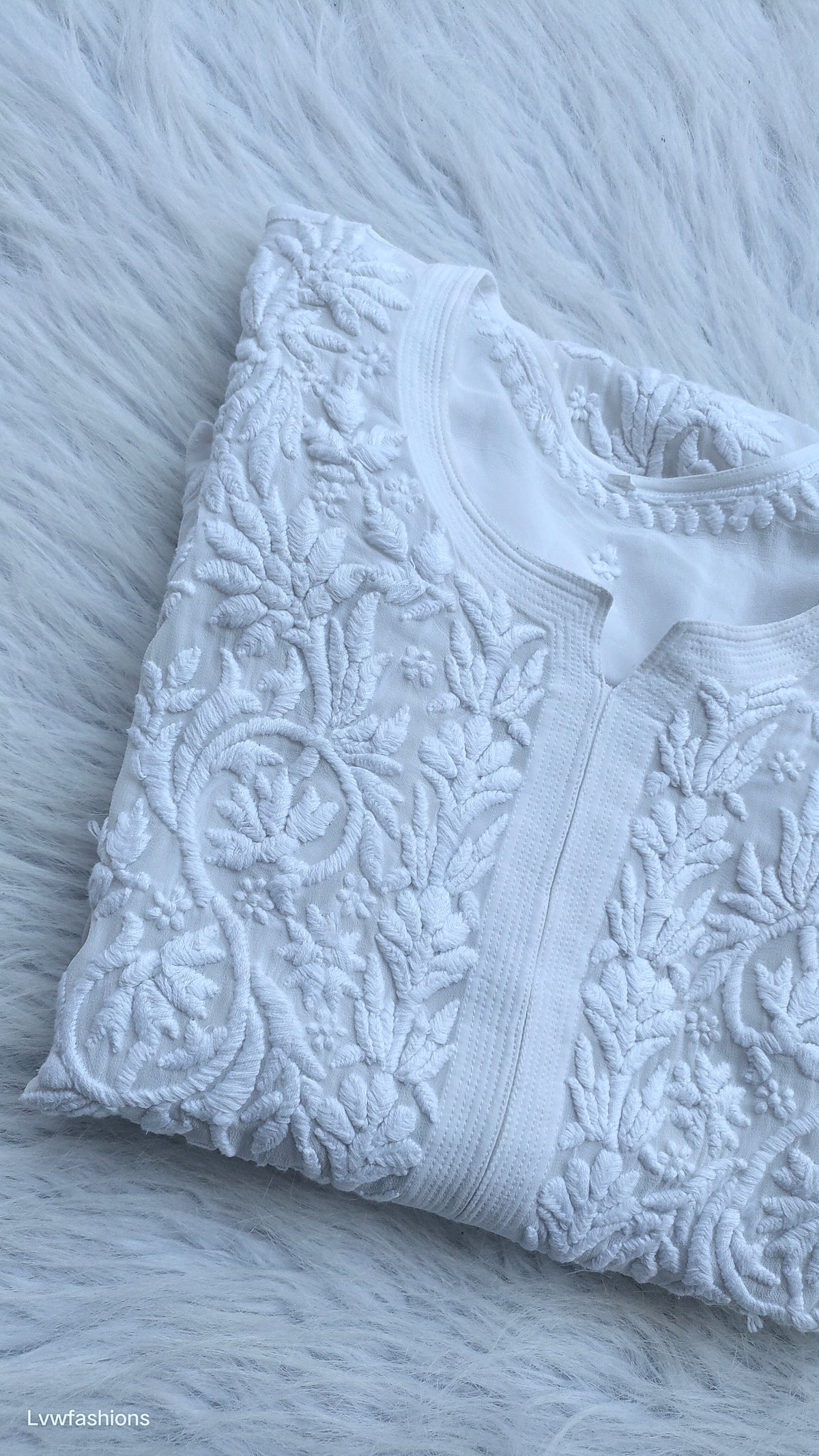 LVW Fashions Ujala White premium georgette kurta with intricate handmade Lucknow chikankari for a luxurious look.