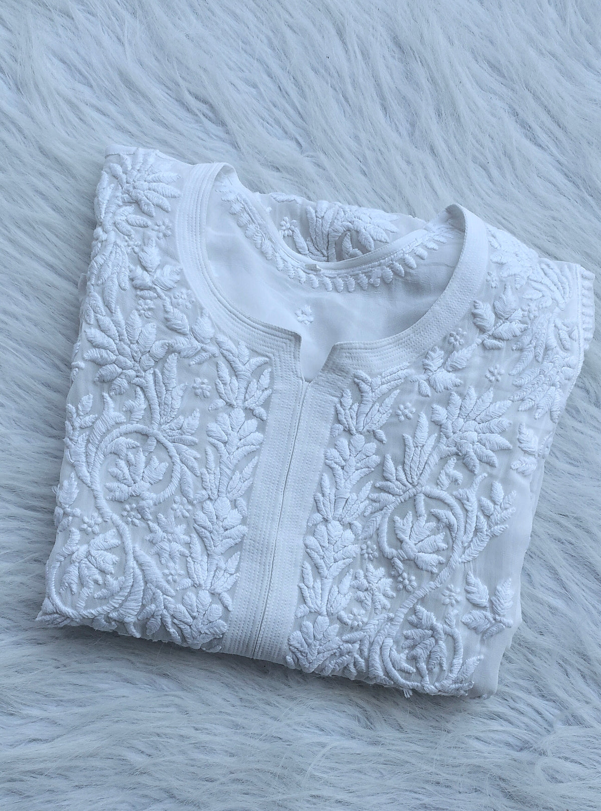 LVW Fashions Ujala White premium georgette kurta with intricate handmade Lucknow chikankari embroidery, luxurious and elegant.