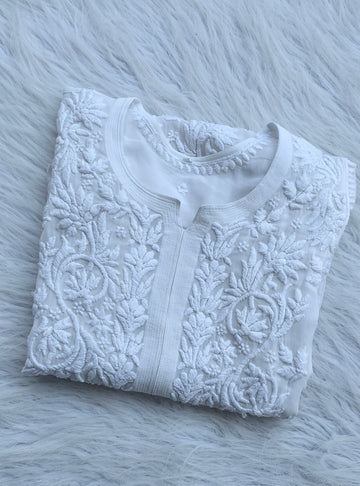 LVW Fashions Ujala White premium georgette kurta with intricate handmade Lucknow chikankari embroidery, luxurious and elegant.