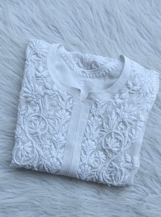 LVW Fashions Ujala White premium georgette kurta with intricate handmade Lucknow chikankari embroidery, luxurious and elegant.
