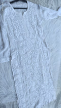Ujala White Premium Georgette Chikankari Kurta by LVW Fashions, luxurious handmade Lucknow Chikankari, intricate embroidery, elegant design.