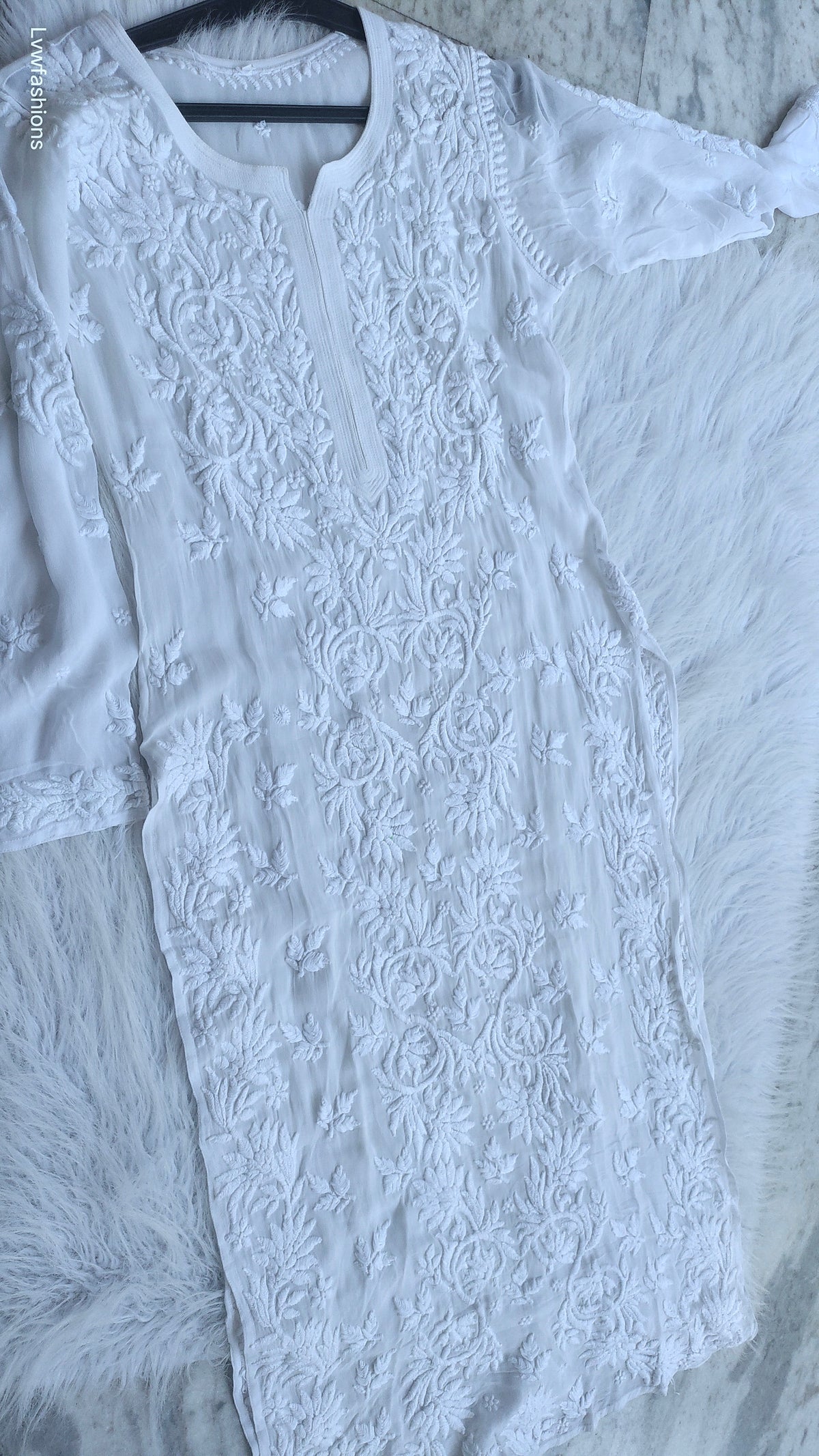 Ujala White Premium Georgette Chikankari Kurta by LVW Fashions, luxurious handmade Lucknow Chikankari, intricate embroidery, elegant design.
