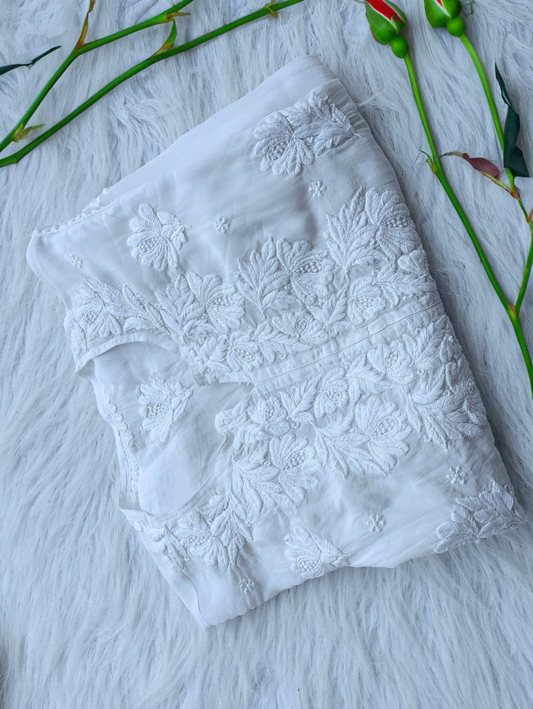 Ujala White premium silk Chikankari Kurta by LVW Fashions, handmade Lucknow embroidery, luxurious and elegant traditional attire.