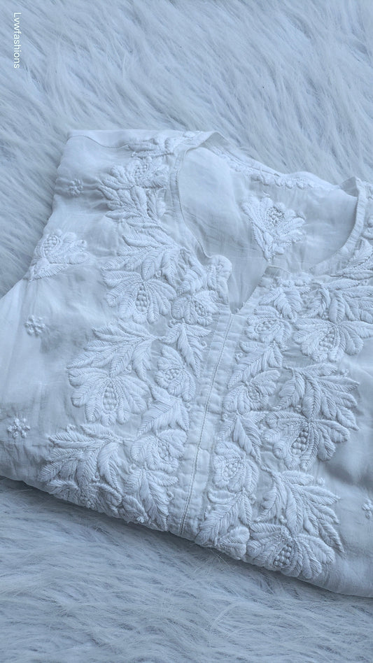 Ujala White premium silk Kurta by LVW Fashions featuring intricate Lucknow Chikankari embroidery and luxurious handmade craftsmanship.