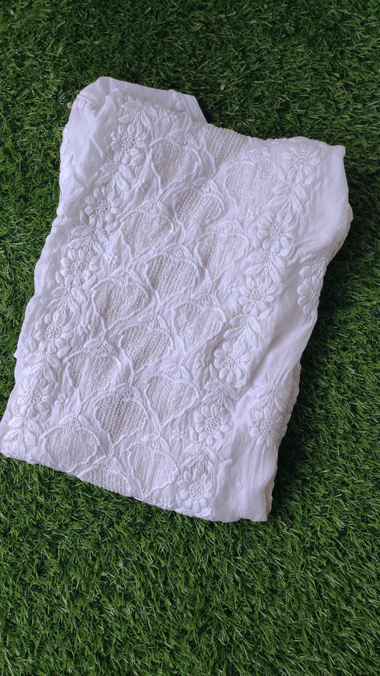 White Aylina Premium soft fabric Chikankari Kurta with pearls and cutdana embroidery, handcrafted by LVW Fashions.