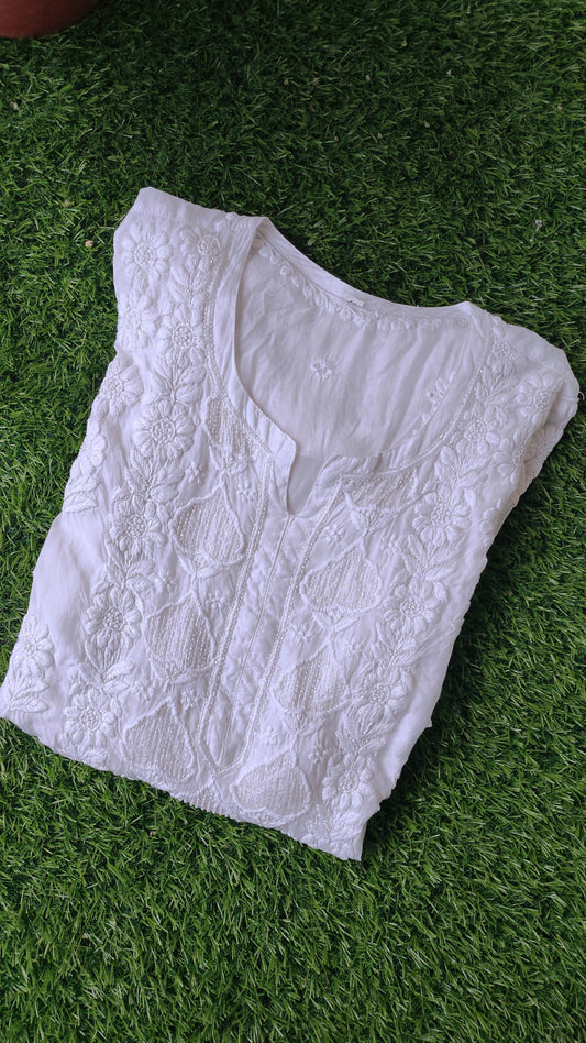 White Aylina premium soft fabric Chikankari kurta with pearls and cutdana embroidery, handmade by LVW Fashions from Lucknow Chikankari.